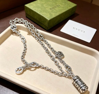 Gucci GG Charm Cylinder Drop Silver Chain Necklace